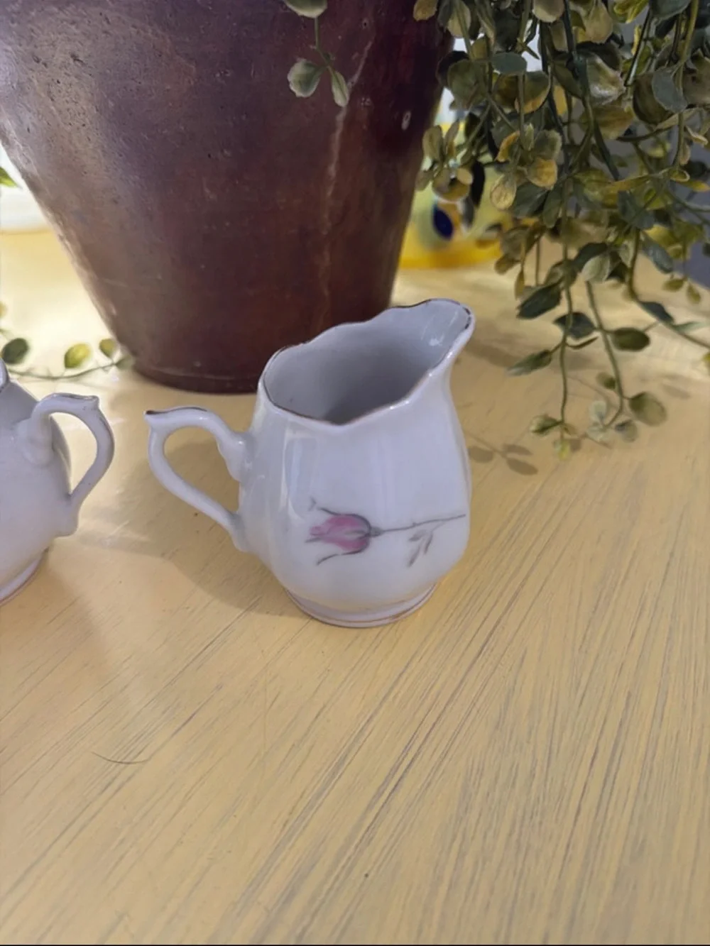 Enesco White Porcelain Sugar Bowl and Creamer with Pink Rose Motif